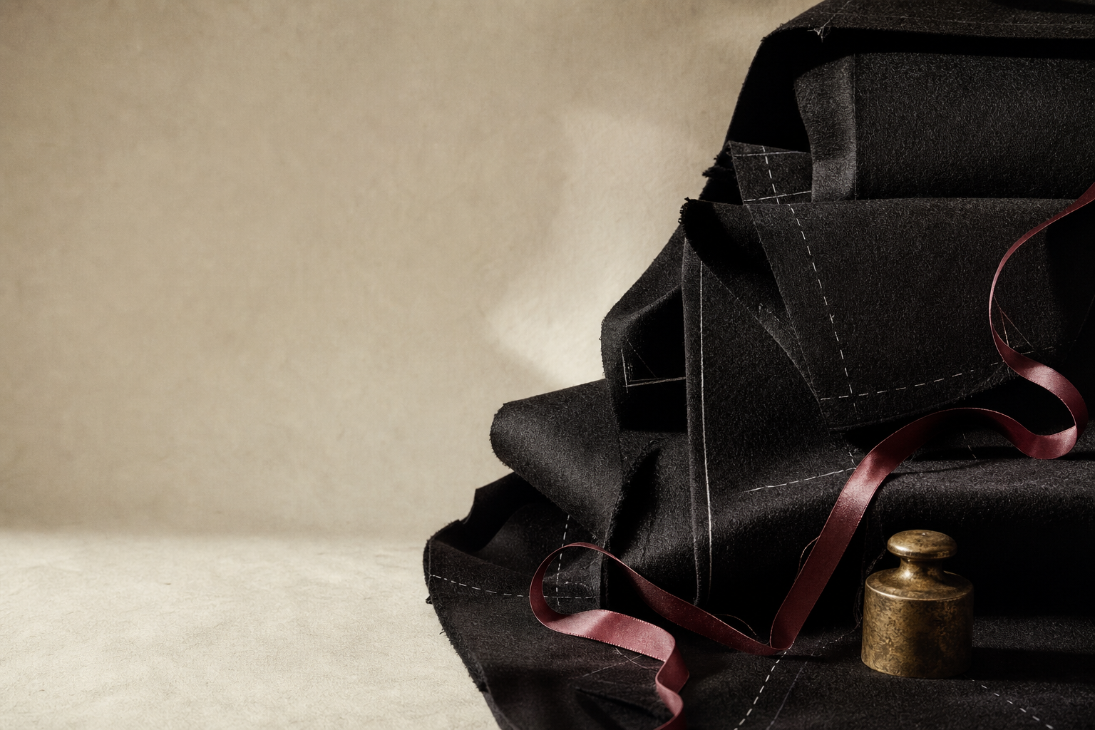 Siyah terzilik kumaşı, oxblood kurdele ve pirinç ağırlıktan oluşan BEBBIL natürmortu